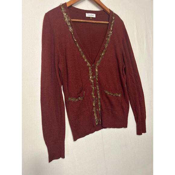 Calvin Klein Womens Cardigan Brown Fringe Trim Button Up Sweater Size Large - Picture 4 of 11